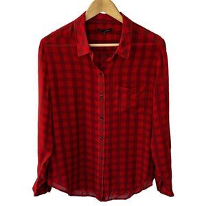 Broadway & Broome Silk Blouse Size Large Red Gray Check Plaid Button Up Top